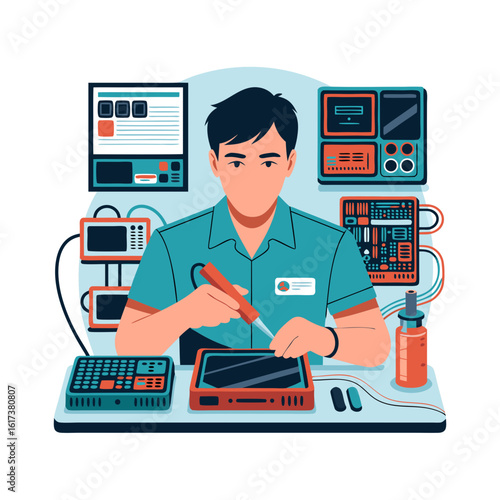 A technician meticulously repairs a circuit board in a modern electronics lab, surrounded by various electronic devices.