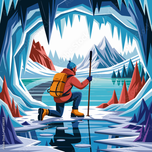 A lone hiker kneels in an icy cave, admiring the mountain view.