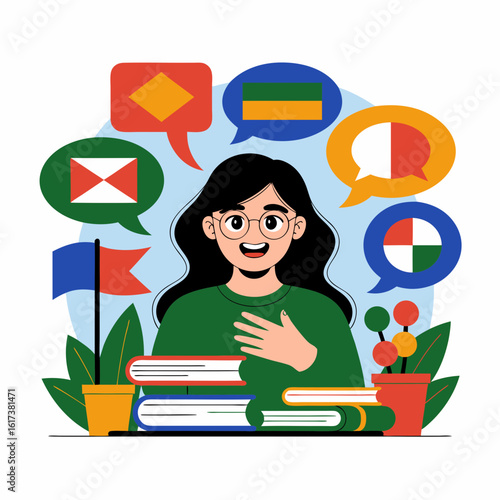 A young woman surrounded by international flags and speech bubbles, suggesting language learning or cultural exchange.