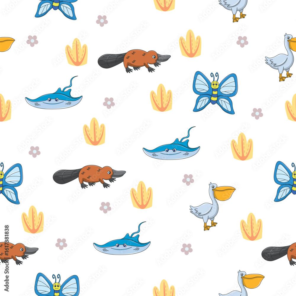 Obraz premium Cute wild animals seamless pattern for baby shower decor, nursery print, kindergarteen wallpaper, fabric, and textile. Vector illustration
