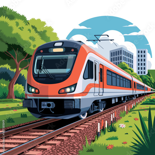 Modern commuter train speeds through lush green landscape towards a city skyline.