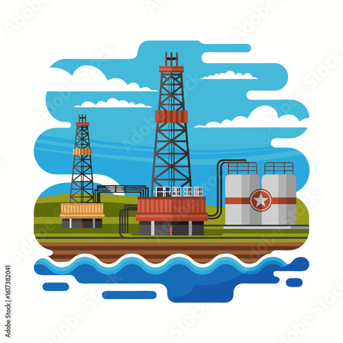 Cartoon illustration of an oil rig complex, showing drilling equipment and storage tanks, situated by a body of water.