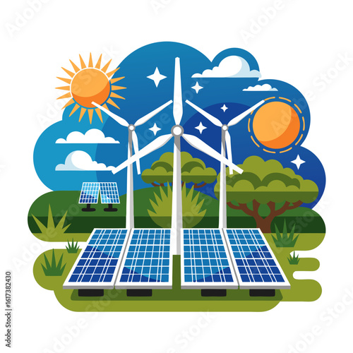 Renewable energy sources depicted in a stylized landscape, featuring solar panels and wind turbines.