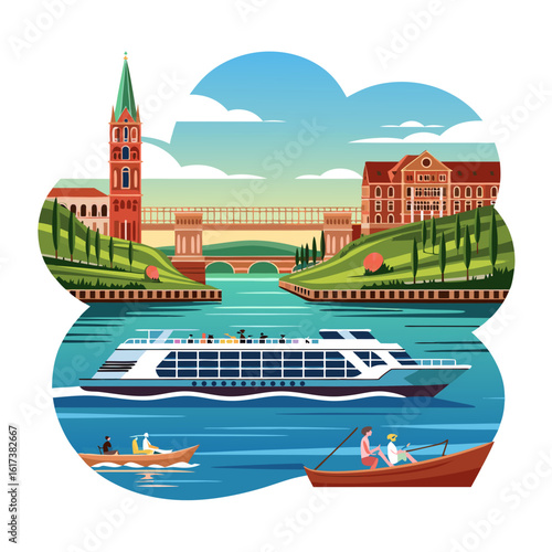 Colorful illustration of a river scene with boats, buildings, and a cruise ship.
