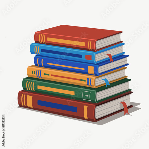 A neatly stacked pile of colorful hardcover books with bookmarks.