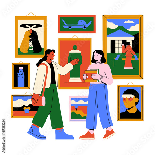 Two individuals in an art gallery, admiring and discussing various framed paintings.