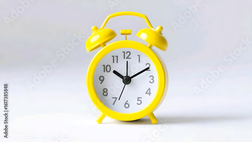 Jam alarm berwarna kuning cerah pada latar belakang putih.  Desain minimalis dan modern, cocok untuk konsep waktu, jadwal, atau bangun pagi.