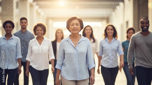 Diverse Group of People Walking Towards Camera in Bright Sunlight