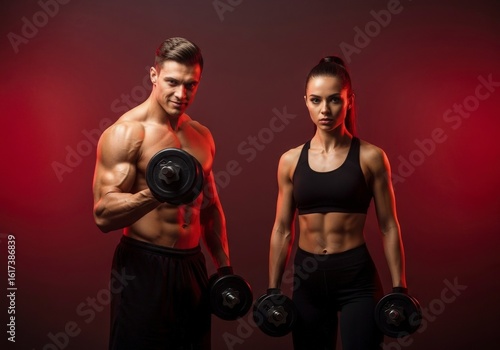 Muscular man and woman hold dumbbells against a dark red background showcasing fitness and strength