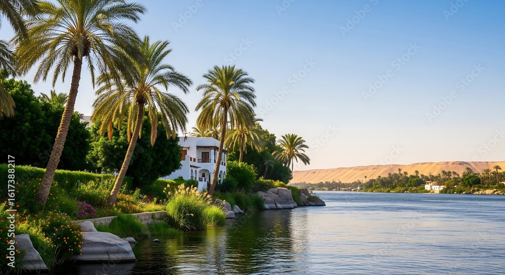 Obraz premium Scenic view of a riverbank with palm trees, lush vegetation, and a white house. Desert landscape visible in the distance under a clear blue sky.