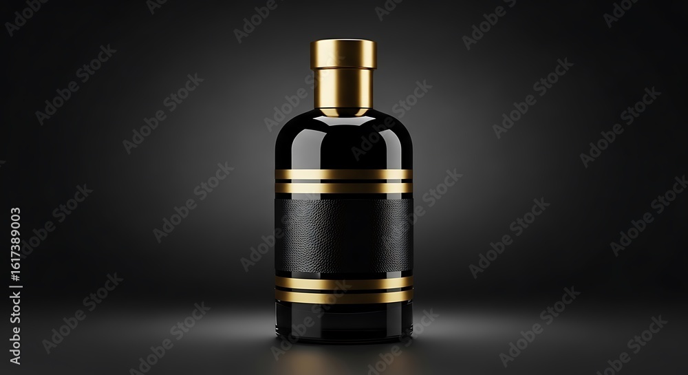 Naklejka premium Photo of elegant black and gold bottle of liquor on a dark background
