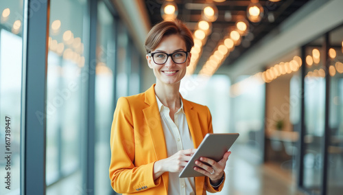 a bright female manager with a tablet in her hands in the office