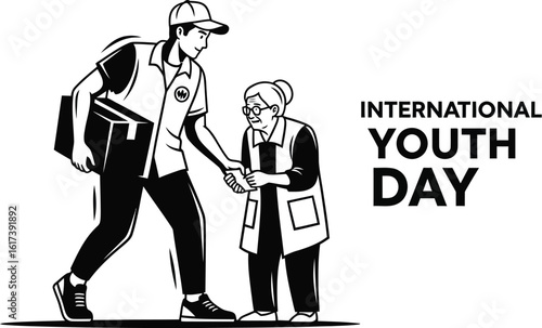 Vector art of a young person is helping an elderly woman, symbolizing the spirit of international youth day and intergenerational support 