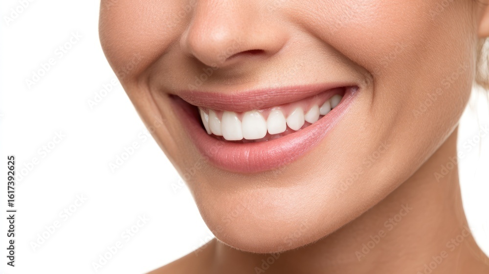Obraz premium Close-up of cheerful woman showing radiant smile, healthy skin tone, natural lighting, isolated on seamless white background, ideal for dental or wellness advertising