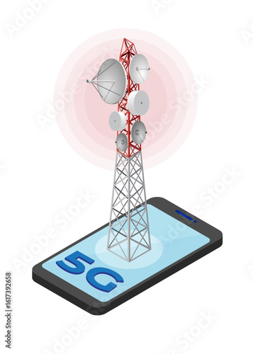 Mobile Smartphone and 5G Communication Tower. Vector illustrator stock illustration