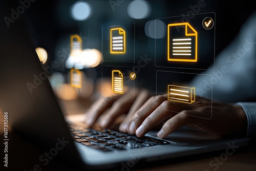 Person working on laptop at night with document icons