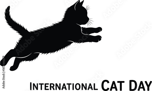 Vector art of a silhouette of a cat jumping for international cat day, celebrating feline companions 