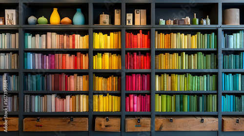 Colorful bookshelf library background, rainbow book spines on wooden shelves, organized bookcase interior decor backdrop PNG