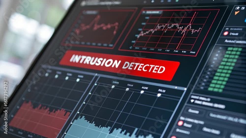 Intrusion Detection Alert on Computer Screen with Graphs and Data