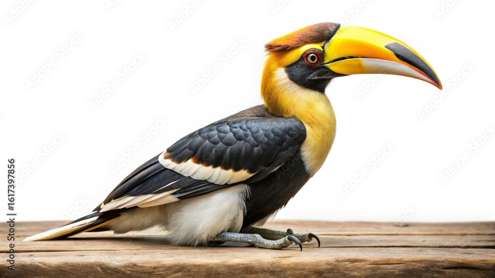 Fototapeta premium A vibrant yellow-billed hornbill and toucan with a colorful beak and feathers, isolated on white