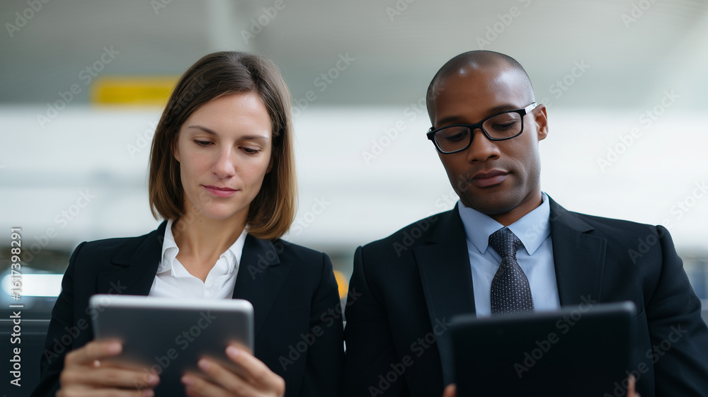 Businesswoman businessman suit tablet technology teamwork professional office working focused collaboration modern digital Businesswoman businessman suit tablet technology teamwork professional office working focused collaboration modern digital