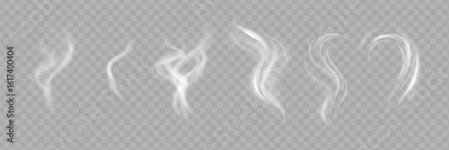 Realistic white cloud or fire smoke in the sky and vector weather element on transparent background. Chimney smoke, fog wave or cloud pattern with overlay effect. Cloud art or smoky air illustration.