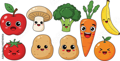 Adorable cartoon fruits and vegetables with happy faces create fun.