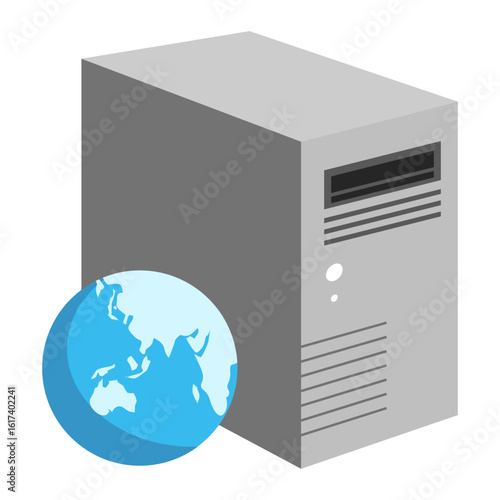 Isometric illustration of a global computer server for web hosting, showcasing worldwide internet connectivity and data technology.
