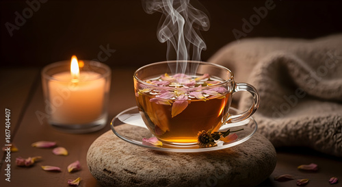 Floral tea steaming with candle for relaxation and calm