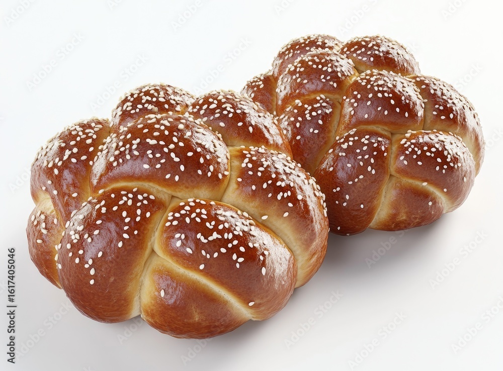 Two braided challah loaves, golden brown, seeded Two braided challah loaves, golden brown, seeded