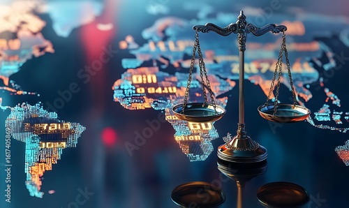Global Justice Concept with Digital World Map and Legal Scales Symbolizing International Law and Regulation