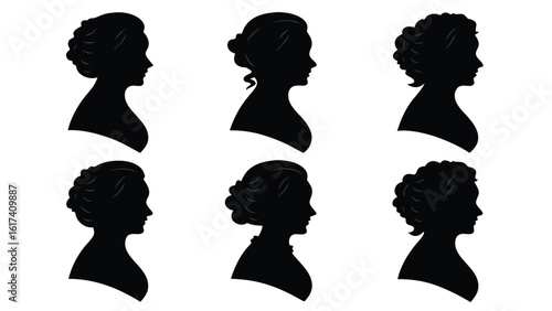 Six black silhouette portraits women profile vector