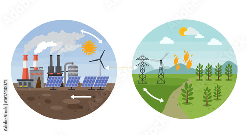 Illustration depicting energy production, pollution, and renewable energy transition.