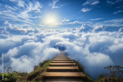 Stairway Leading Through the Clouds to a Bright Sunlit Sky Symbolizing Hope, Dreams, and Spiritual Journey