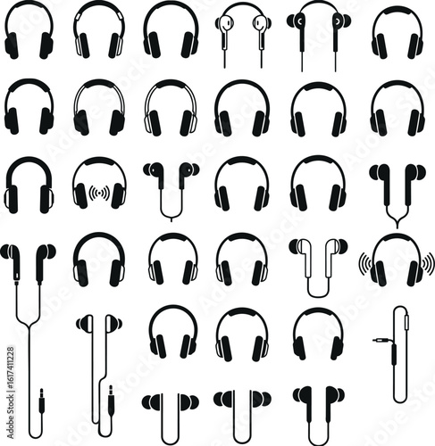 Diverse assortment of headphone and earphone icons isolated on white background, symbolizing audio and tech .