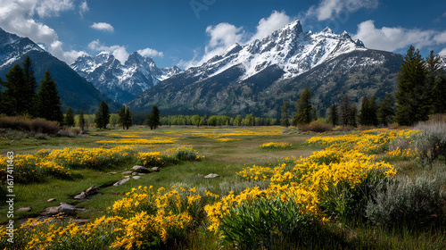 Majestic alpine mountain landscape, snowy peaks and yellow wildflower meadow, panoramic nature background for travel and hiking