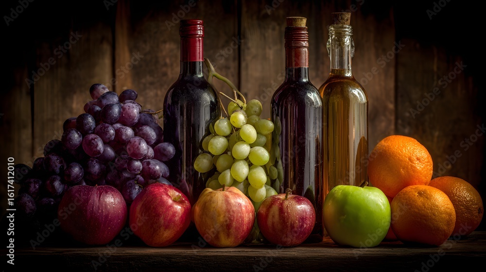 Obraz premium Still life arrangement of wine bottles, grapes, and fruit.