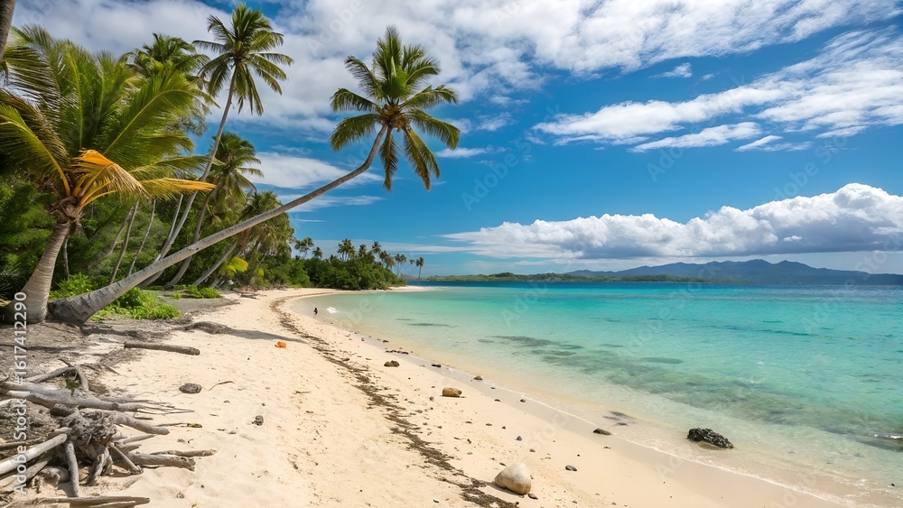Obraz premium A beautiful beach scene with palm trees, blue sky, and white clouds, framing the turquoise ocean.