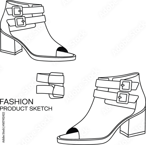 Women's ankle boots sketch, double buckle straps, open toe design, block heel footwear, stylish fashion drawing, trendy shoe illustration, Adobe Stock