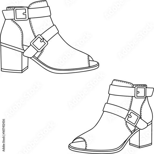 Stylish ankle boots with buckles, fashion footwear sketch, high heel shoe design, trendy illustration, modern drawing, detailed shoe art, stylish design
