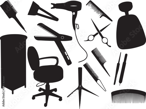 Black silhouette hairdressing tools salon chair and cabinet on white background hair dryer scissors