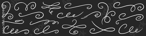 Chalk ornament flourish swirl calligraphy set. Hand drawn chalkboard divider, swirl curve, elegant banner and pencil frame menu. Flourish decoration, swoosh tail, vintage scroll. Vector illustration