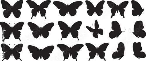 Collection of black butterfly silhouettes in various poses and orientations on white background butterflies