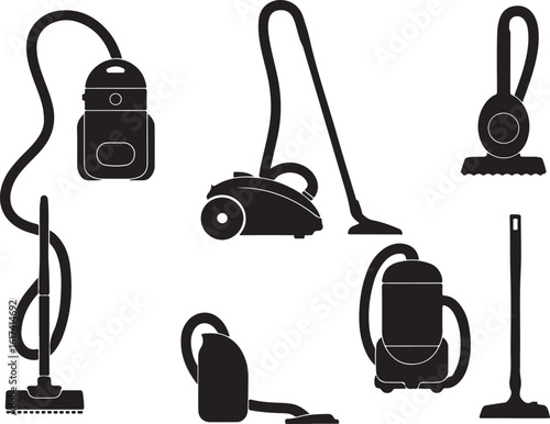 Collection of black vacuum cleaner silhouettes on white background cleaning appliance