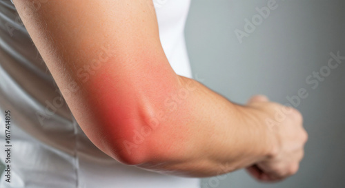 Closeup of inflamed elbow on male arm with red skin irritation  