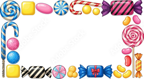 Sweet candy frame illustration with lollipops jellybeans and wrapped candies vector art