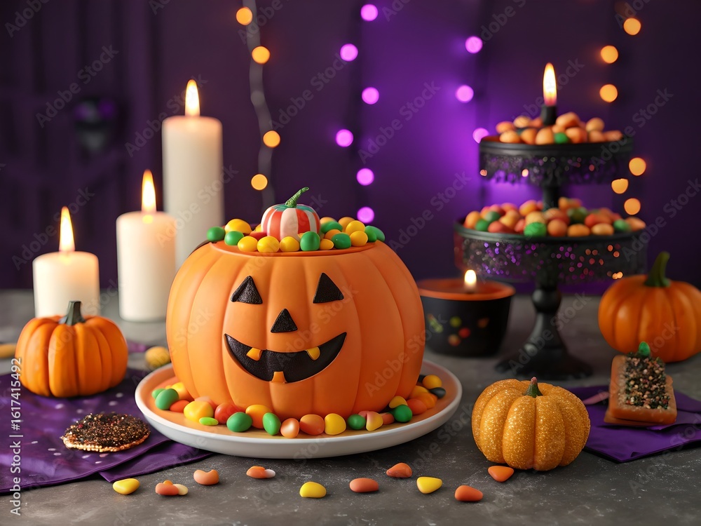 Fototapeta premium A halloween scene with a pumpkin candy bowl, candles, and other halloween themed decorations