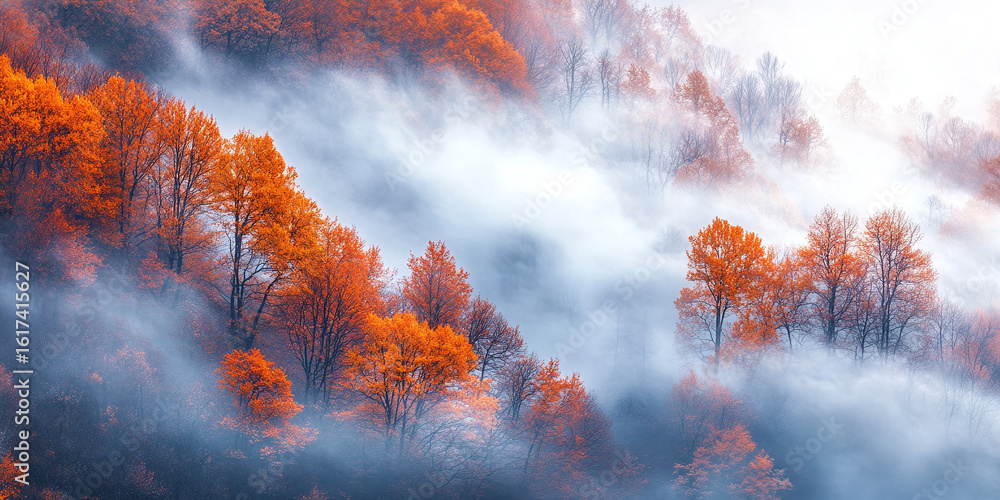 Fototapeta premium Rolling fog over a forest with a blurred section on the left.