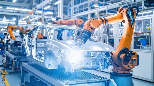 Robotic Arms Welding Car Frame in Modern Industrial Assembly Line With Blue and Orange Lighting