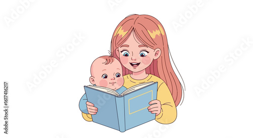 Sweet Storytime A Little Girl Reading to Her Baby Sibling